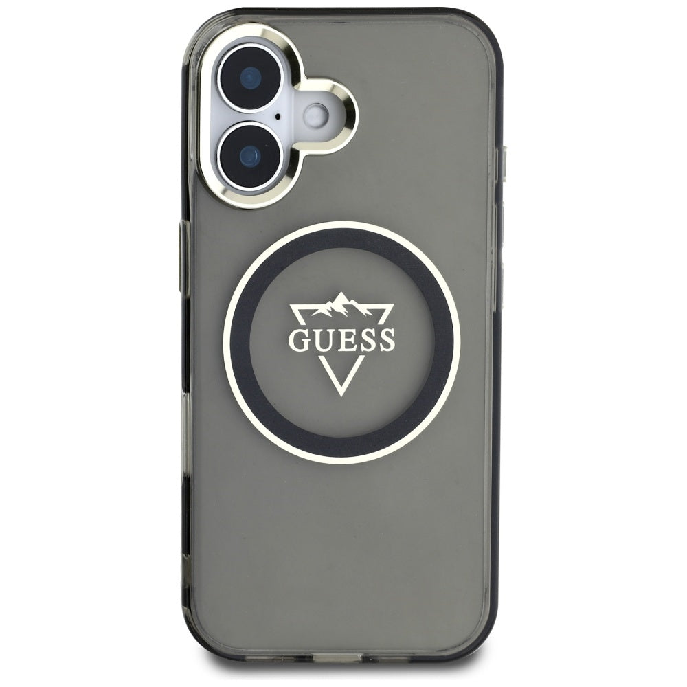 Pouzdro MagSafe pro Apple iPhone 16, Guess, IML Metal Mountain Logo, Černá