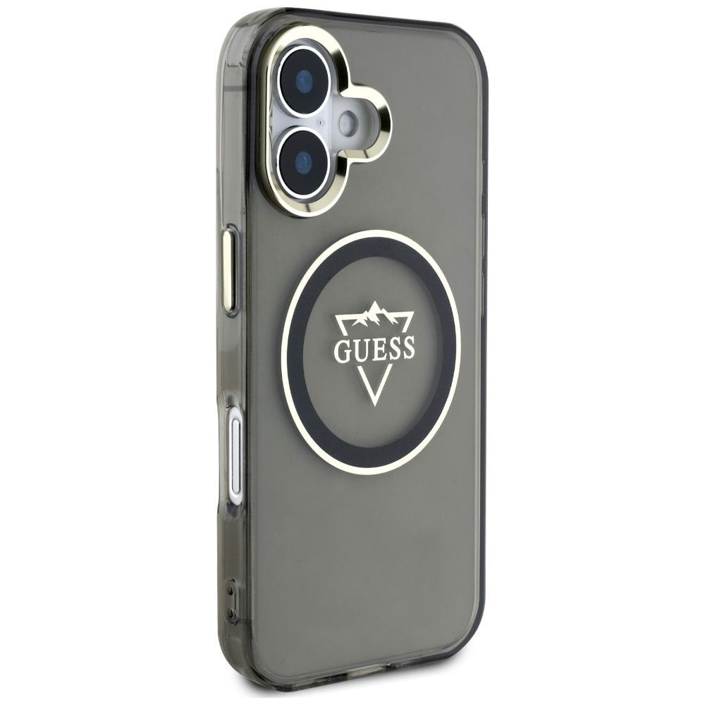 Pouzdro MagSafe pro Apple iPhone 16, Guess, IML Metal Mountain Logo, Černá