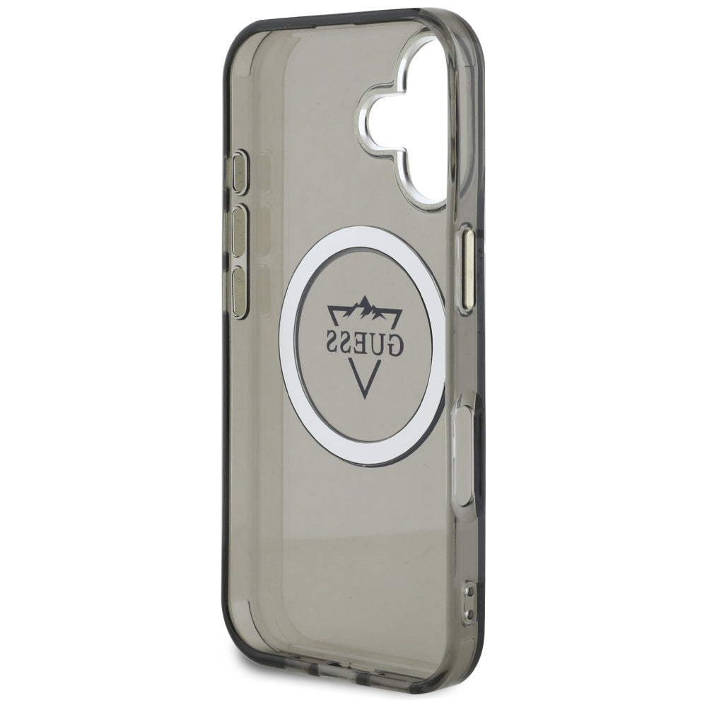 Pouzdro MagSafe pro Apple iPhone 16, Guess, IML Metal Mountain Logo, Černá