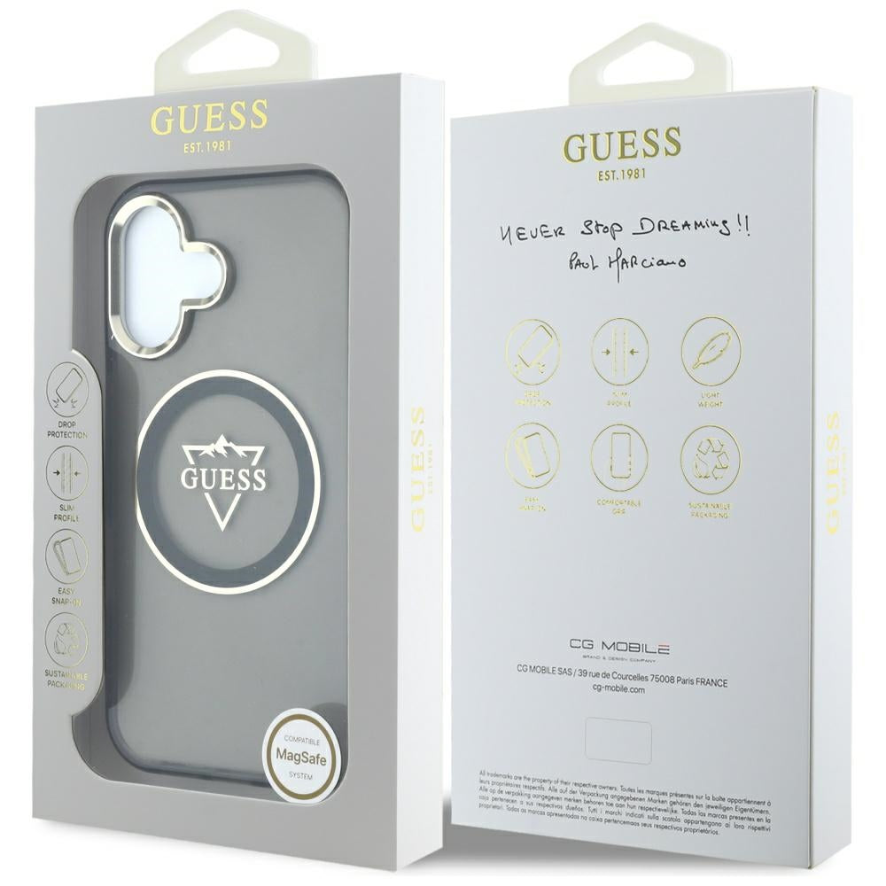 Pouzdro MagSafe pro Apple iPhone 16, Guess, IML Metal Mountain Logo, Černá
