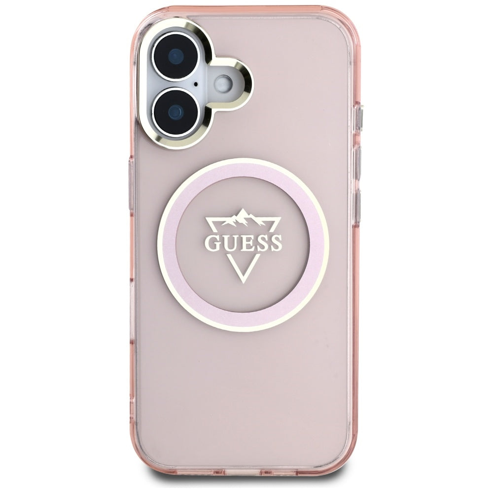 MagSafe Case for Apple iPhone 16, Guess, IML Metal Mountain Logo, Pink