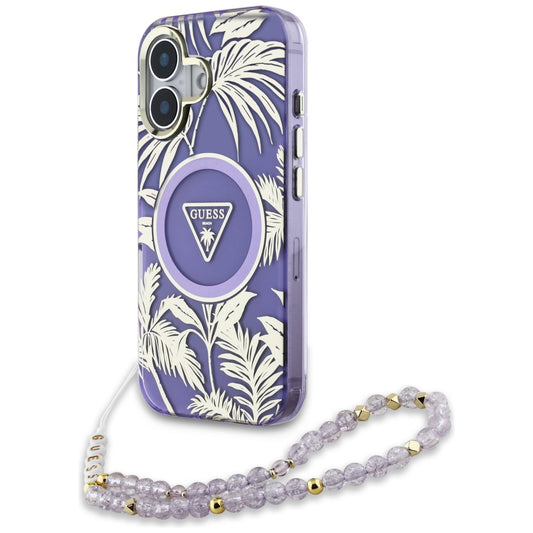 Pouzdro MagSafe pro Apple iPhone 16, Guess, IML Palm Trees Triangle with Pearl Strap, Fialová
