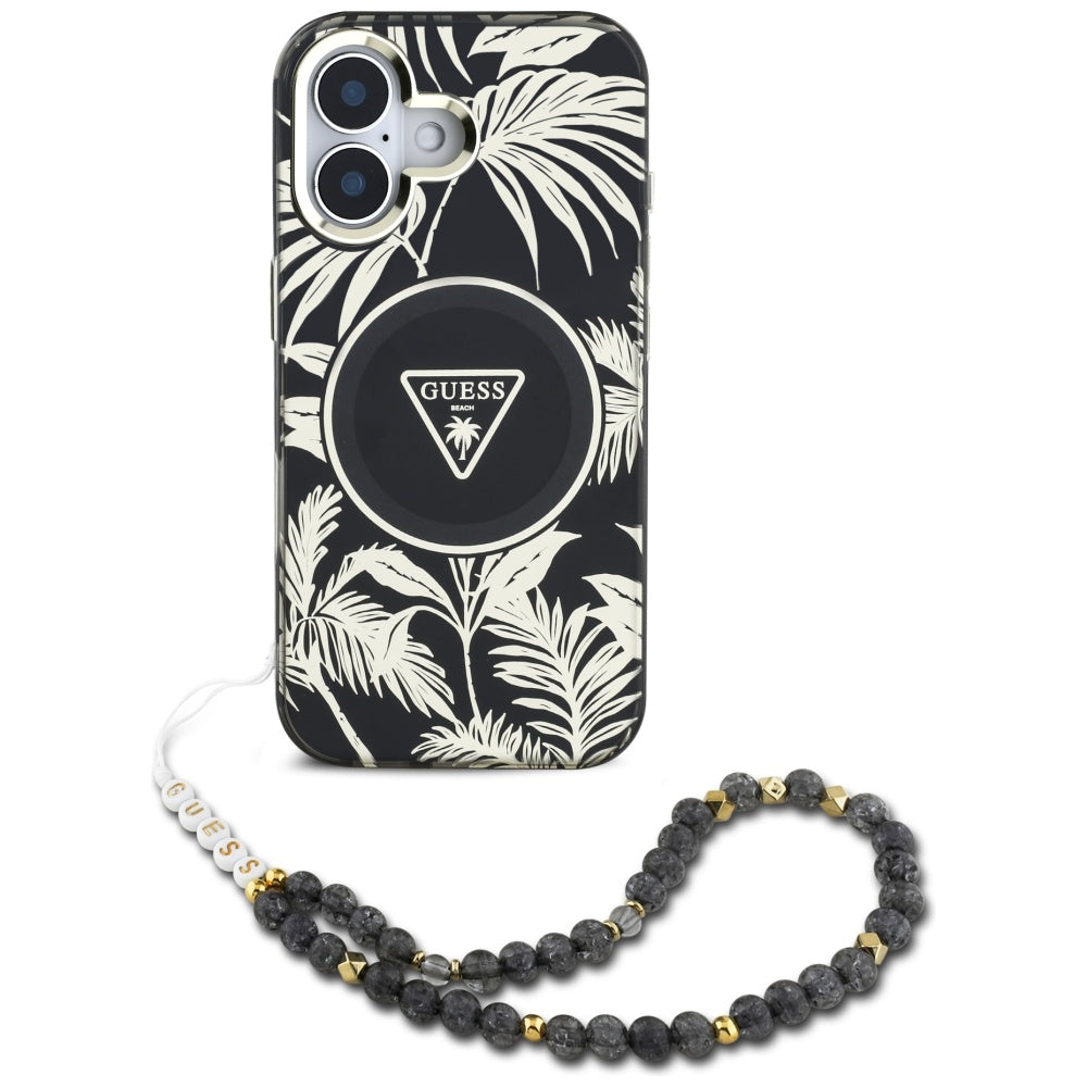 Pouzdro MagSafe pro Apple iPhone 16, Guess, IML Palm Trees Triangle with Pearl Strap, Černá