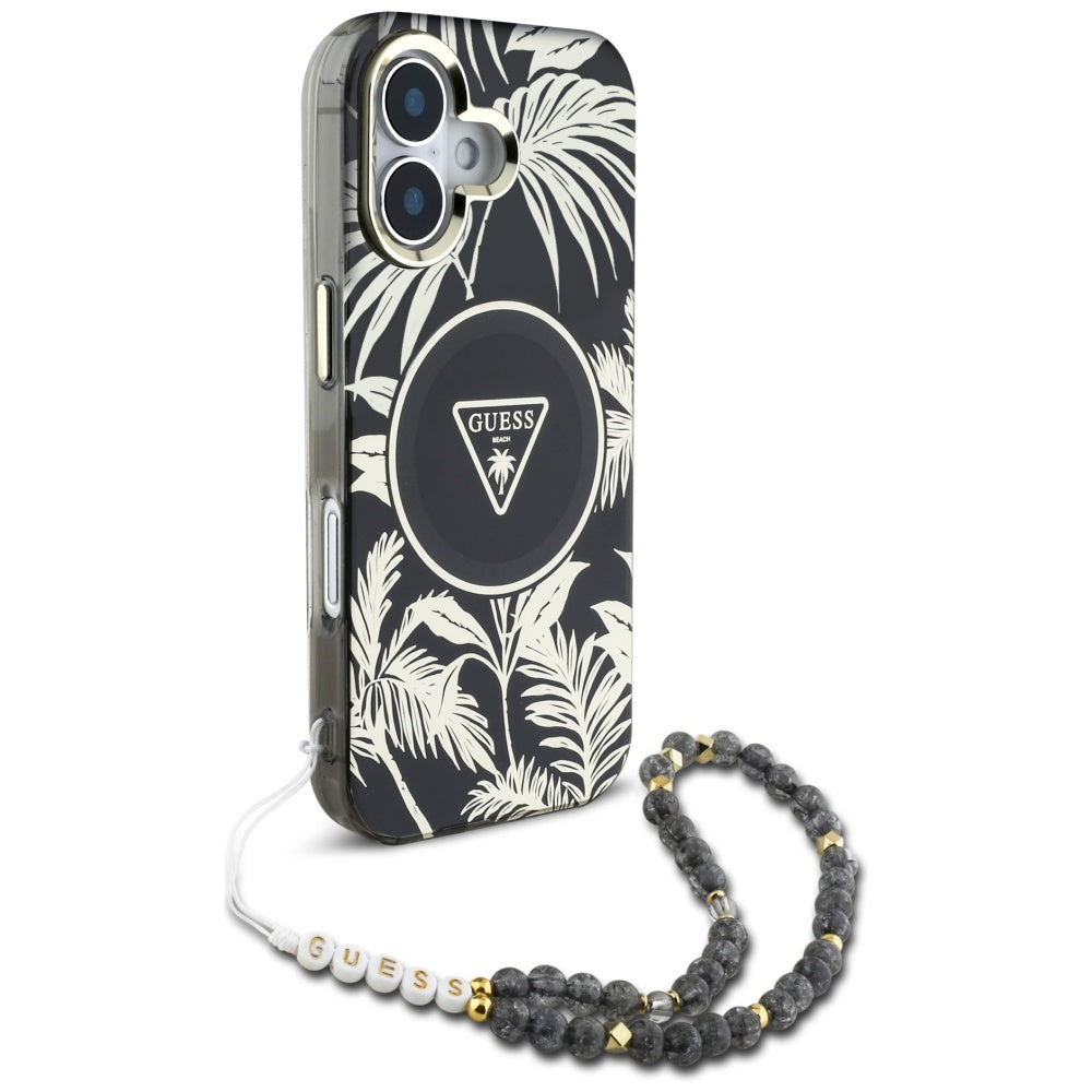 Pouzdro MagSafe pro Apple iPhone 16, Guess, IML Palm Trees Triangle with Pearl Strap, Černá