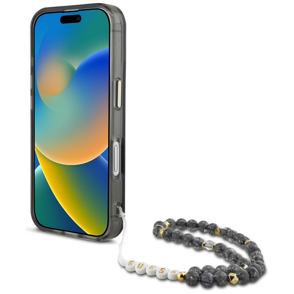 Pouzdro MagSafe pro Apple iPhone 16, Guess, IML Palm Trees Triangle with Pearl Strap, Černá