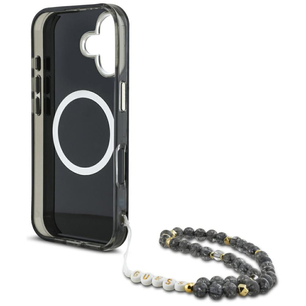 Pouzdro MagSafe pro Apple iPhone 16, Guess, IML Palm Trees Triangle with Pearl Strap, Černá