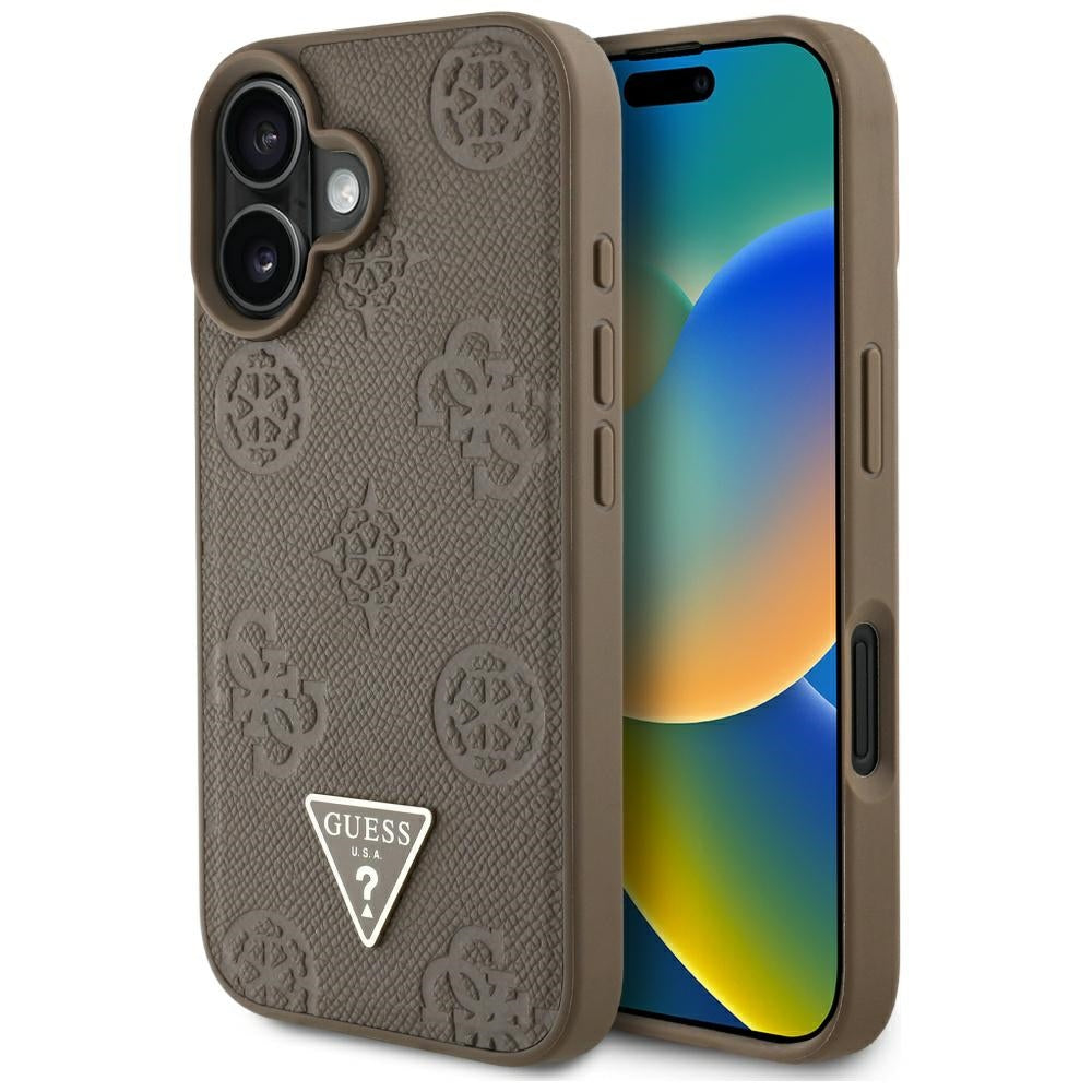 Pouzdro MagSafe pro Apple iPhone 16, Guess, Peony Grained Hot Stamp Triangle, Hnědá