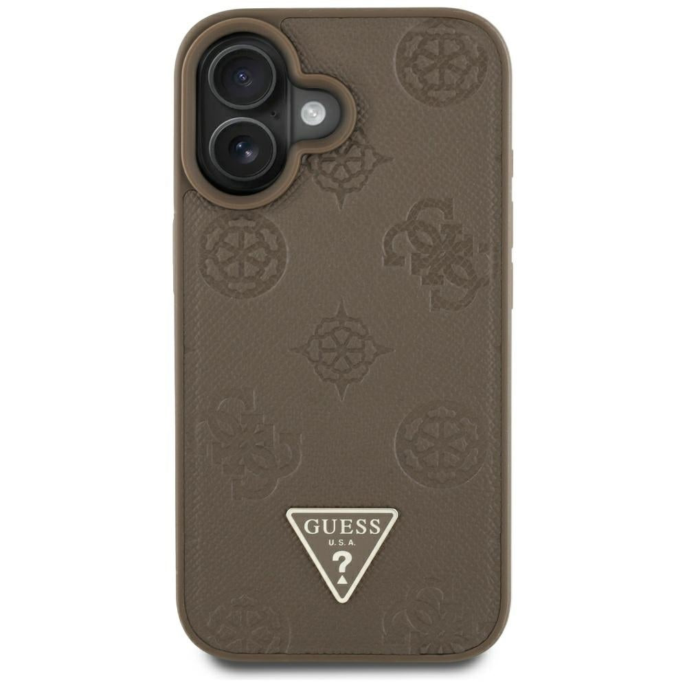 Pouzdro MagSafe pro Apple iPhone 16, Guess, Peony Grained Hot Stamp Triangle, Hnědá