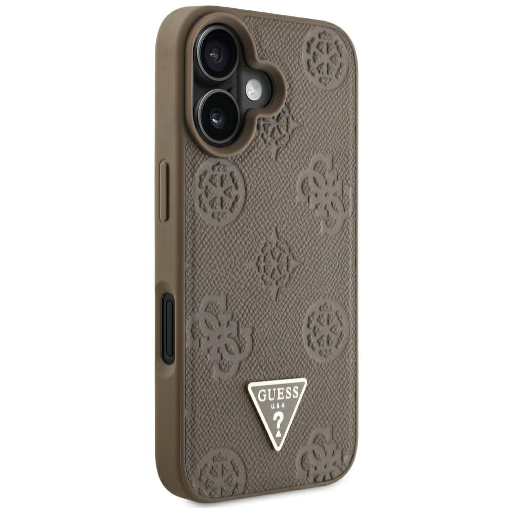 Pouzdro MagSafe pro Apple iPhone 16, Guess, Peony Grained Hot Stamp Triangle, Hnědá