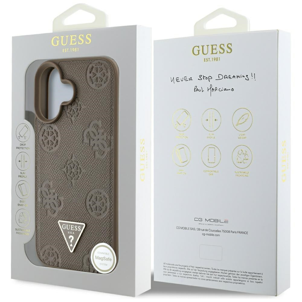 Pouzdro MagSafe pro Apple iPhone 16, Guess, Peony Grained Hot Stamp Triangle, Hnědá
