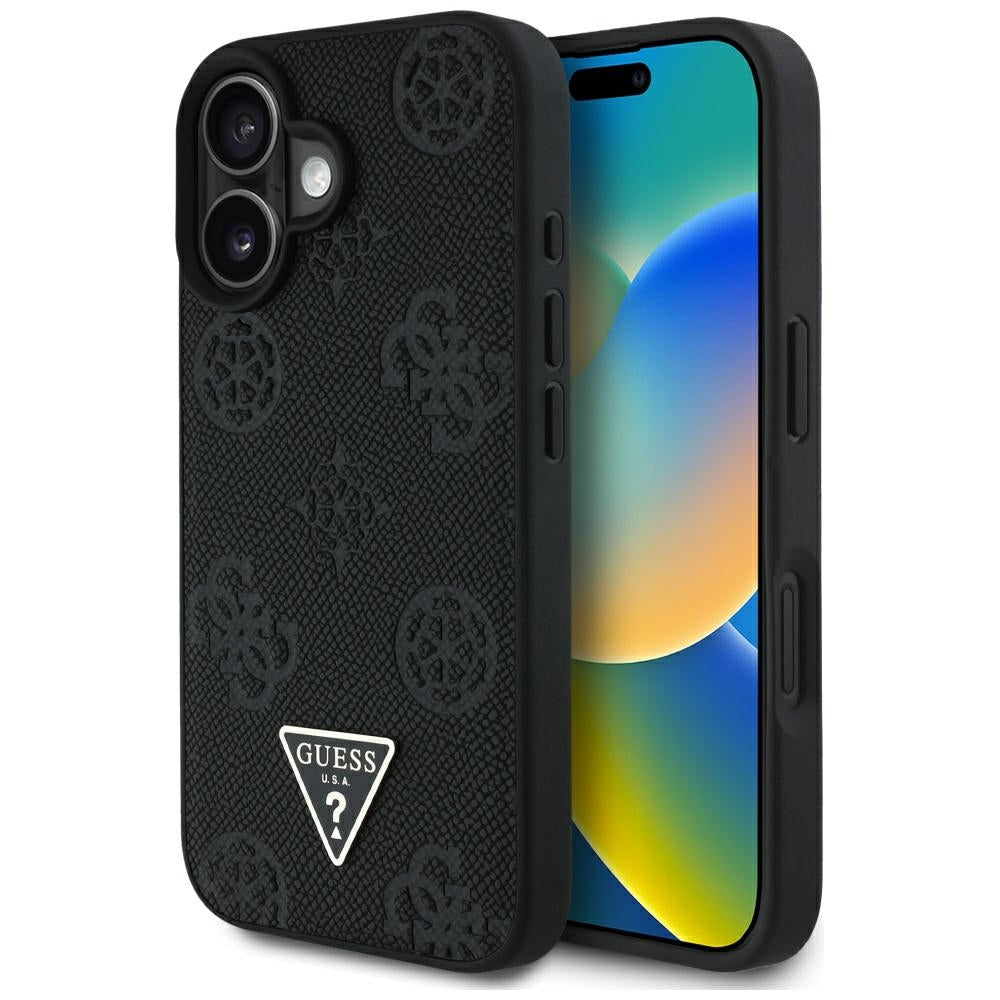 Pouzdro MagSafe pro Apple iPhone 16, Guess, Peony Grained Hot Stamp Triangle, Černá