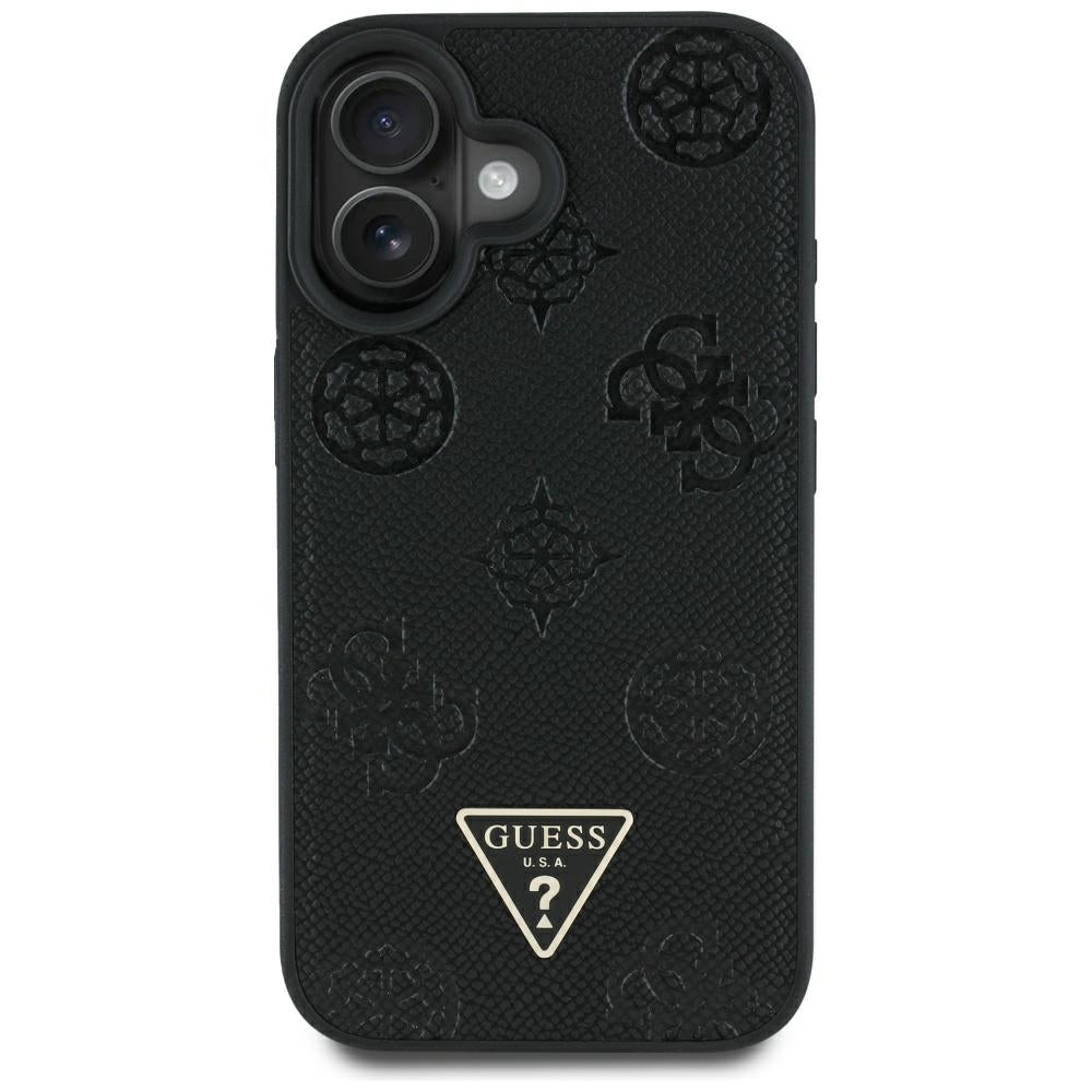 Pouzdro MagSafe pro Apple iPhone 16, Guess, Peony Grained Hot Stamp Triangle, Černá