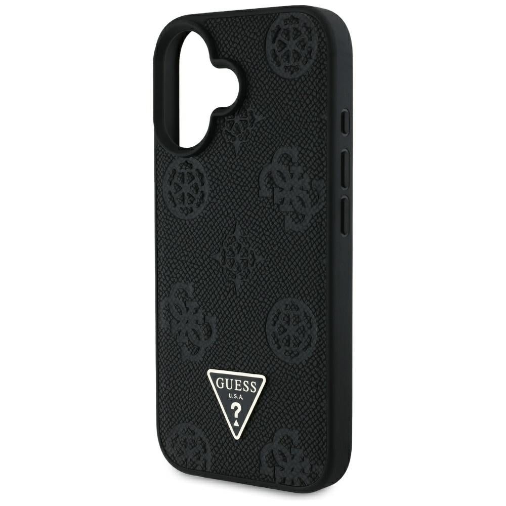 Pouzdro MagSafe pro Apple iPhone 16, Guess, Peony Grained Hot Stamp Triangle, Černá