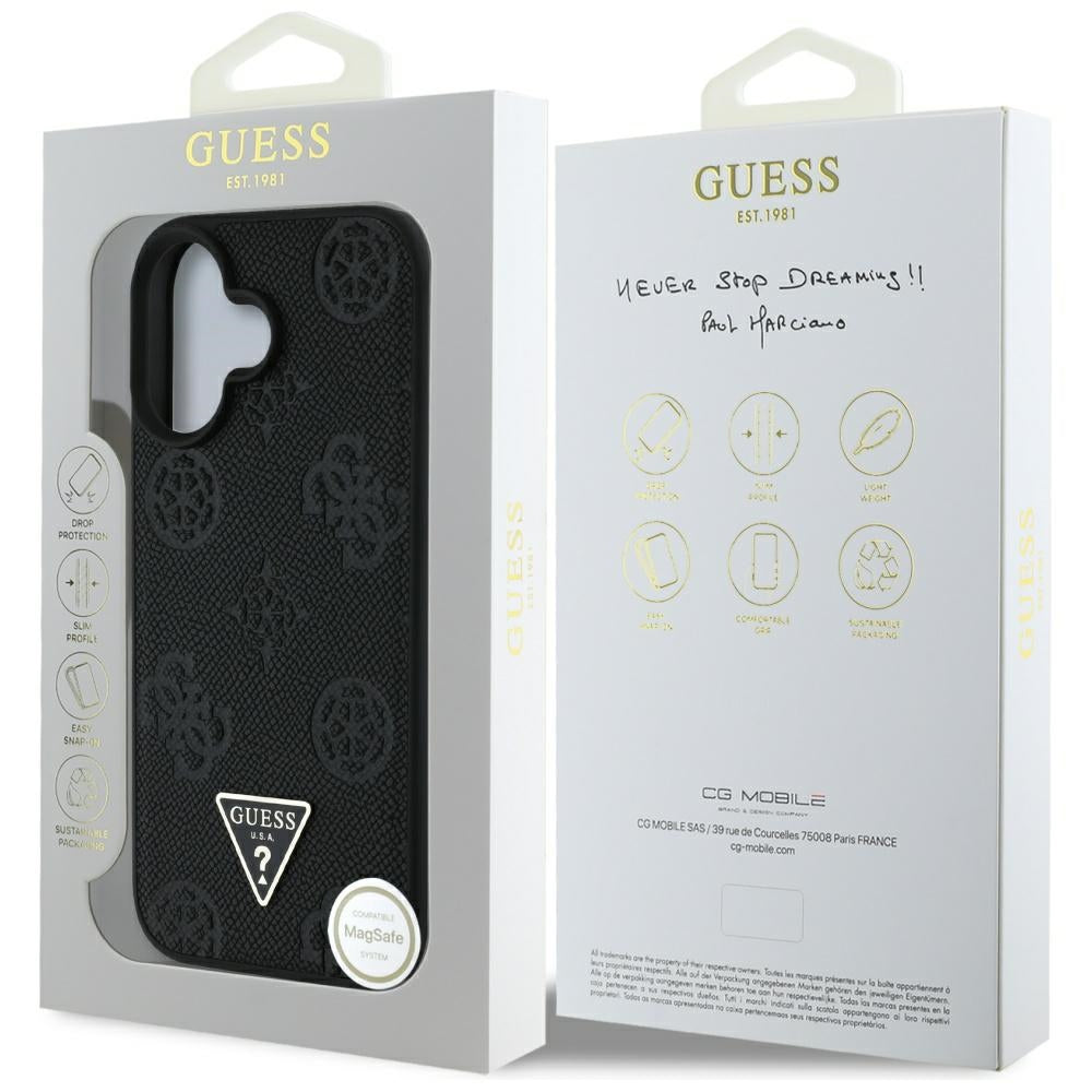 Pouzdro MagSafe pro Apple iPhone 16, Guess, Peony Grained Hot Stamp Triangle, Černá