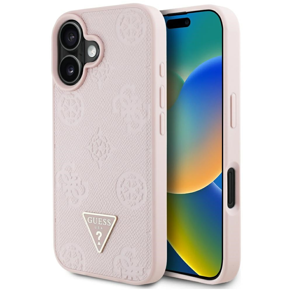 Pouzdro MagSafe pro Apple iPhone 16, Guess, Peony Grained Hot Stamp Triangle, Růžové