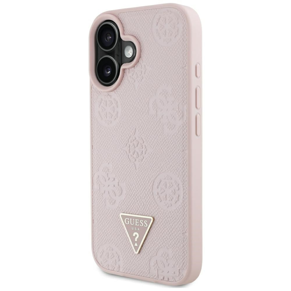 Pouzdro MagSafe pro Apple iPhone 16, Guess, Peony Grained Hot Stamp Triangle, Růžové