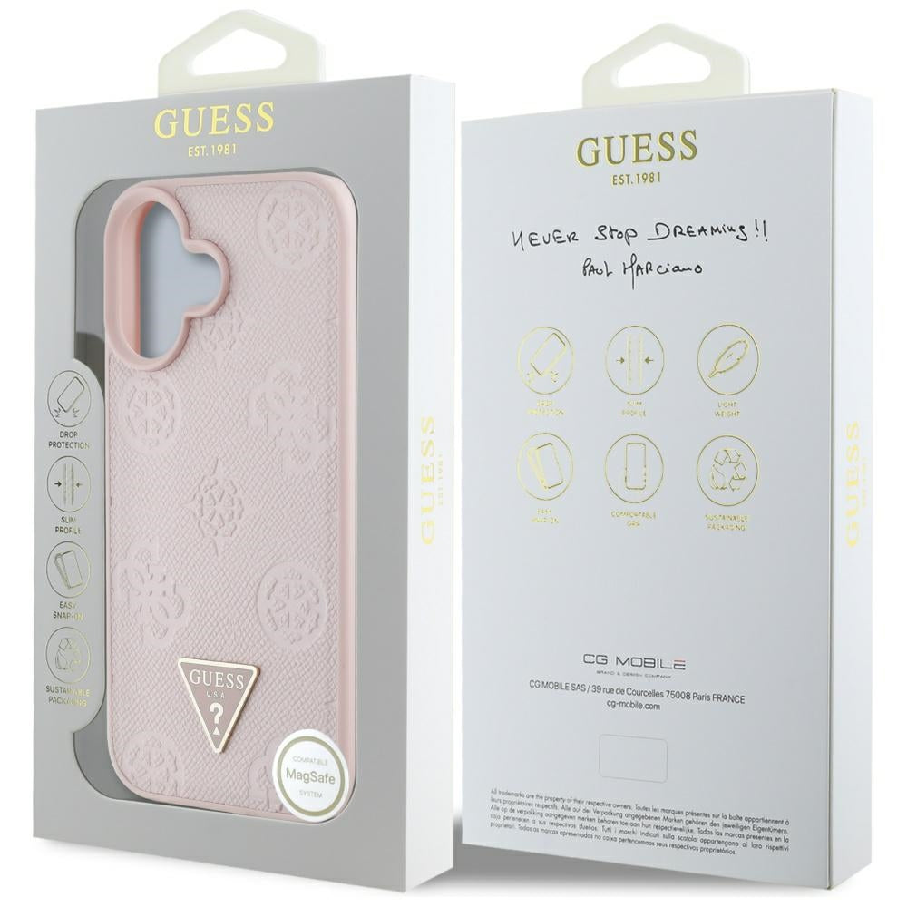 Pouzdro MagSafe pro Apple iPhone 16, Guess, Peony Grained Hot Stamp Triangle, Růžové