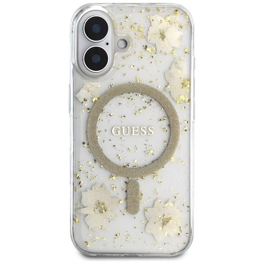 Pouzdro MagSafe pro Apple iPhone 16, Guess, Resin Flowers and Glitter, Bežové