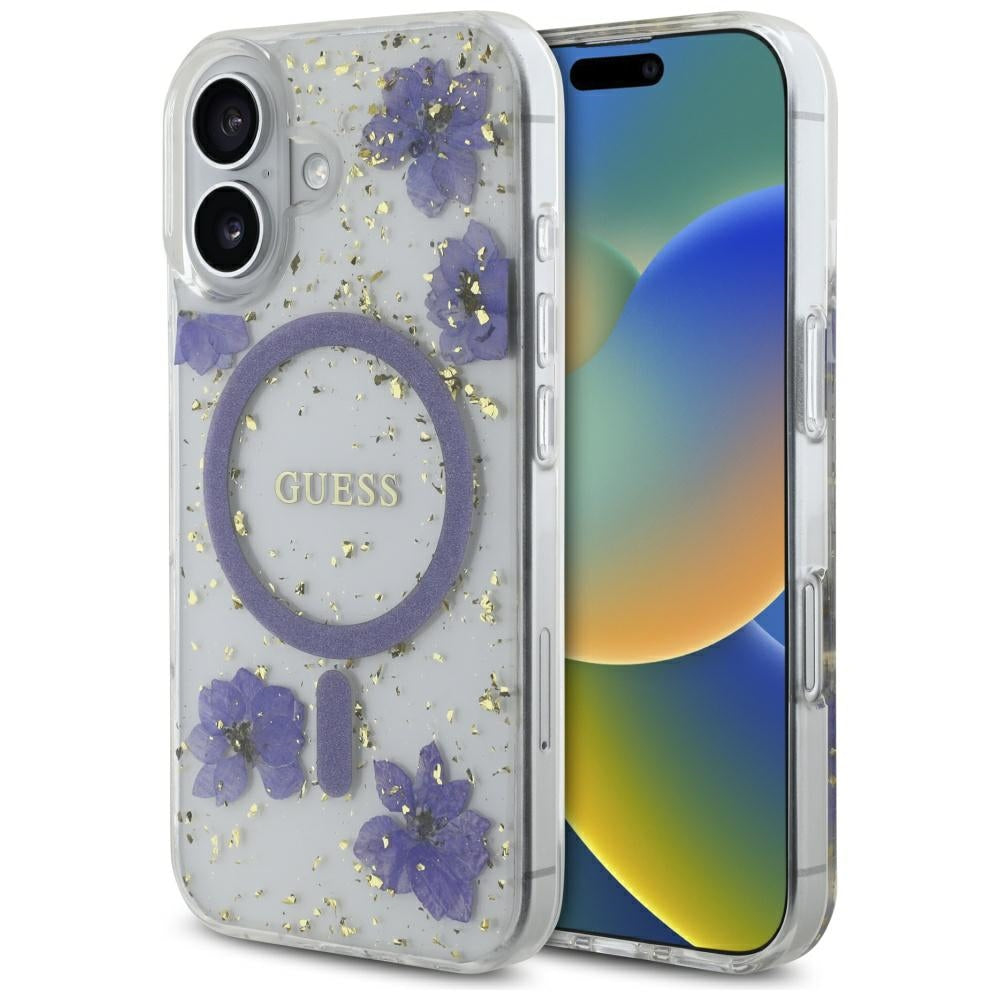 Pouzdro MagSafe pro Apple iPhone 16, Guess, Resin Flowers and Glitter, Fialová