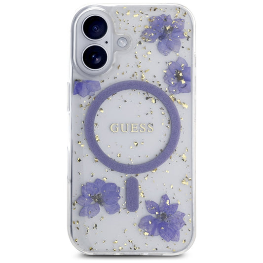 Pouzdro MagSafe pro Apple iPhone 16, Guess, Resin Flowers and Glitter, Fialová