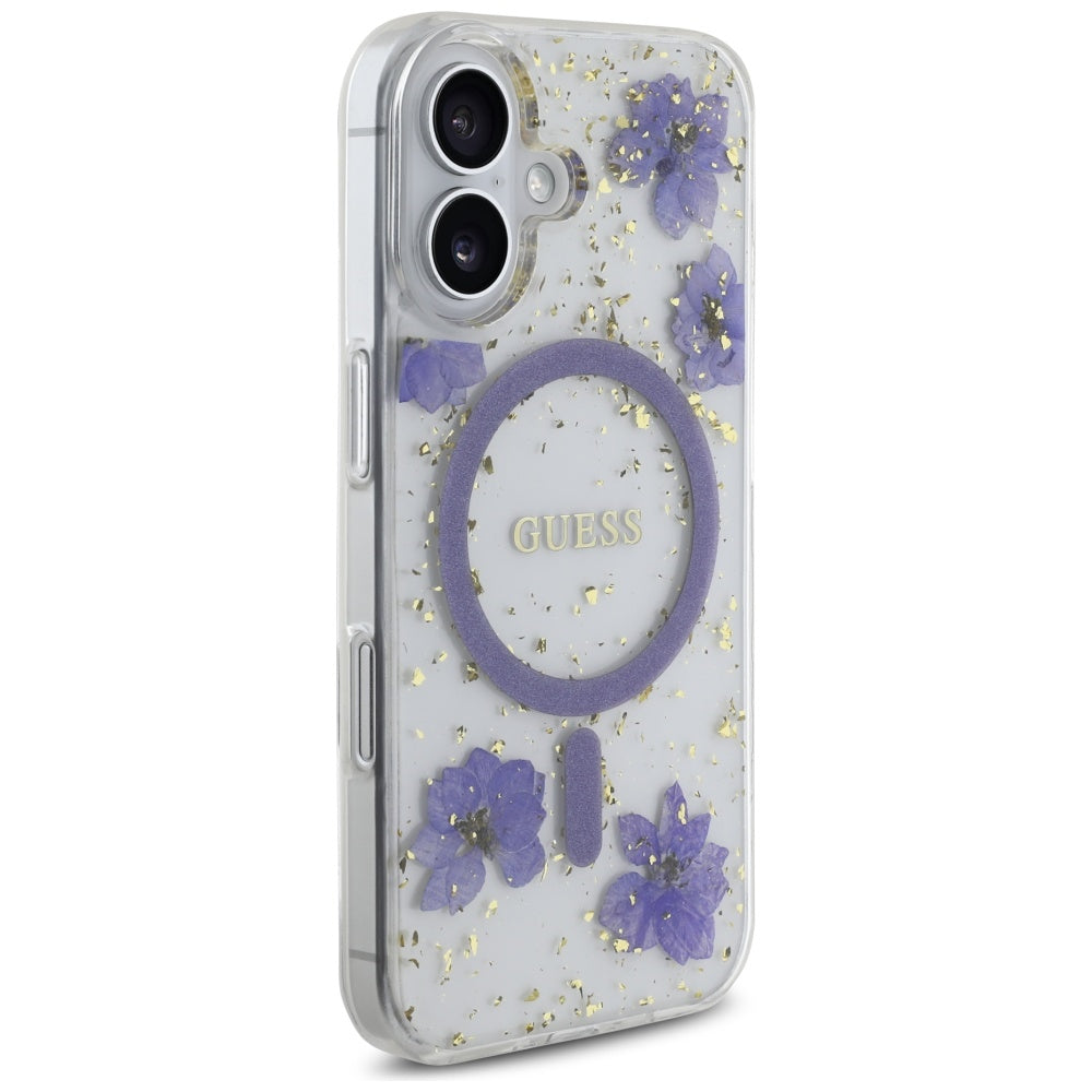 Pouzdro MagSafe pro Apple iPhone 16, Guess, Resin Flowers and Glitter, Fialová