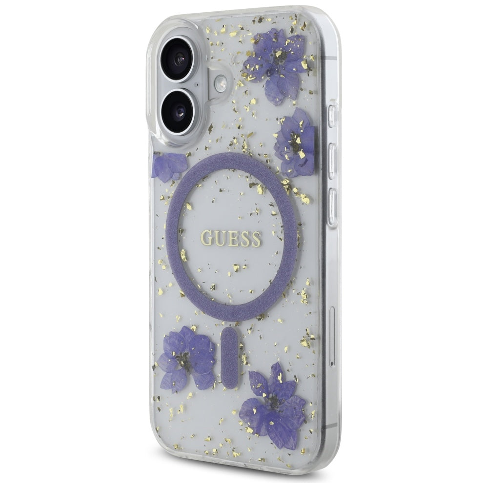 Pouzdro MagSafe pro Apple iPhone 16, Guess, Resin Flowers and Glitter, Fialová