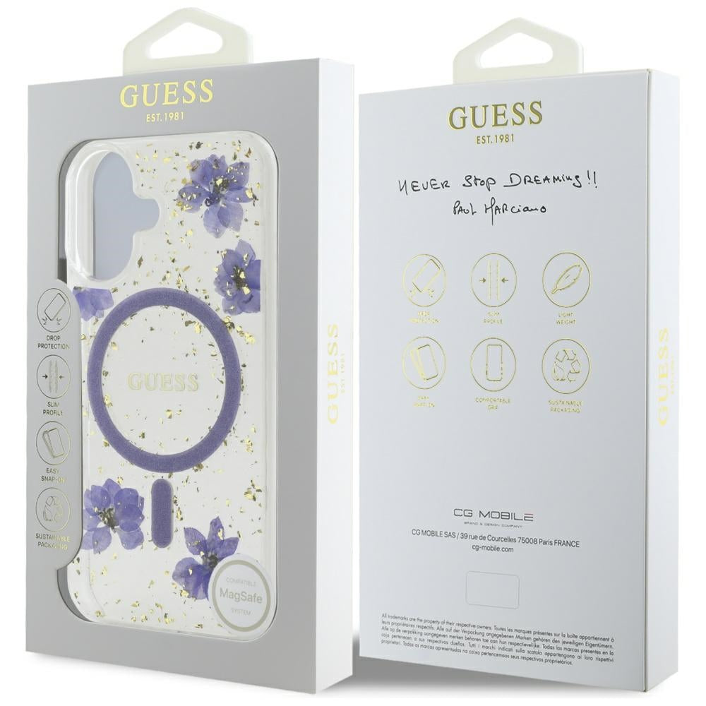 Pouzdro MagSafe pro Apple iPhone 16, Guess, Resin Flowers and Glitter, Fialová