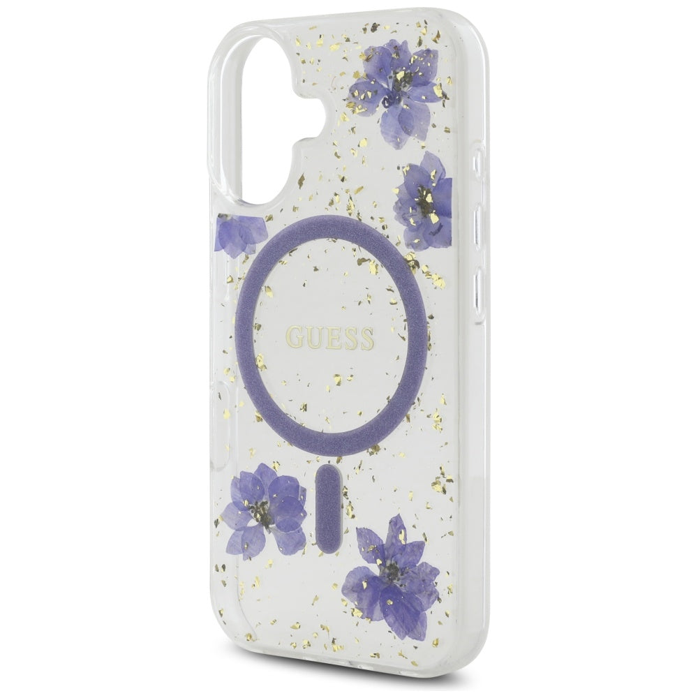 Pouzdro MagSafe pro Apple iPhone 16, Guess, Resin Flowers and Glitter, Fialová