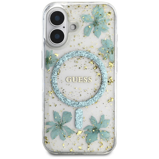 Pouzdro MagSafe pro Apple iPhone 16, Guess, Resin Flowers and Glitter, Tyrkysová