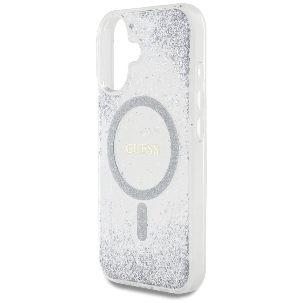 Pouzdro MagSafe pro Apple iPhone 16, Guess, Resin Gradient Glitter, Stříbrné