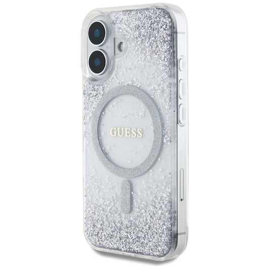 Pouzdro MagSafe pro Apple iPhone 16, Guess, Resin Gradient Glitter, Stříbrné