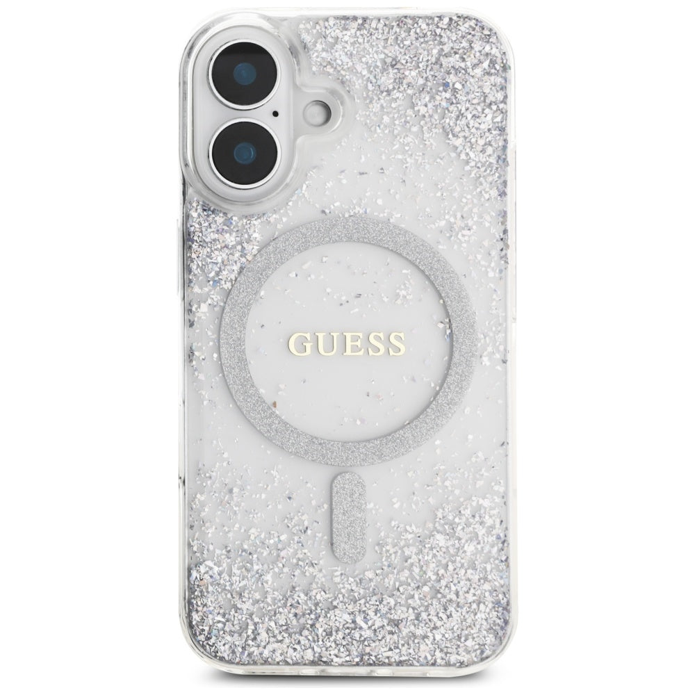 Pouzdro MagSafe pro Apple iPhone 16, Guess, Resin Gradient Glitter, Stříbrné