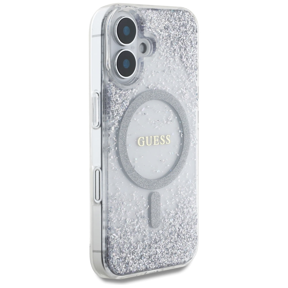 Pouzdro MagSafe pro Apple iPhone 16, Guess, Resin Gradient Glitter, Stříbrné