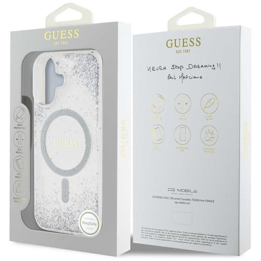 Pouzdro MagSafe pro Apple iPhone 16, Guess, Resin Gradient Glitter, Stříbrné