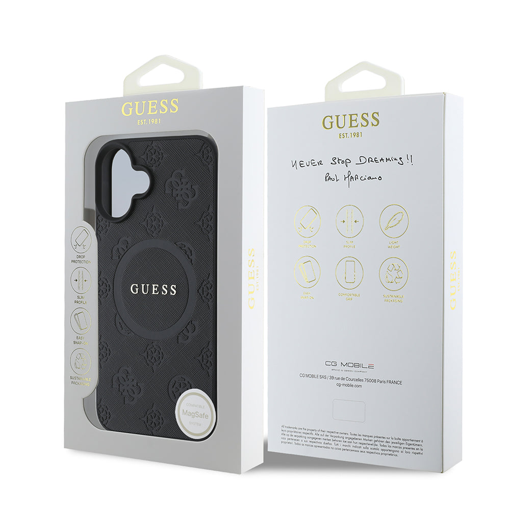 Pouzdro MagSafe pro Apple iPhone 16, Guess, Saffiano Peony Classic Logo, Černá