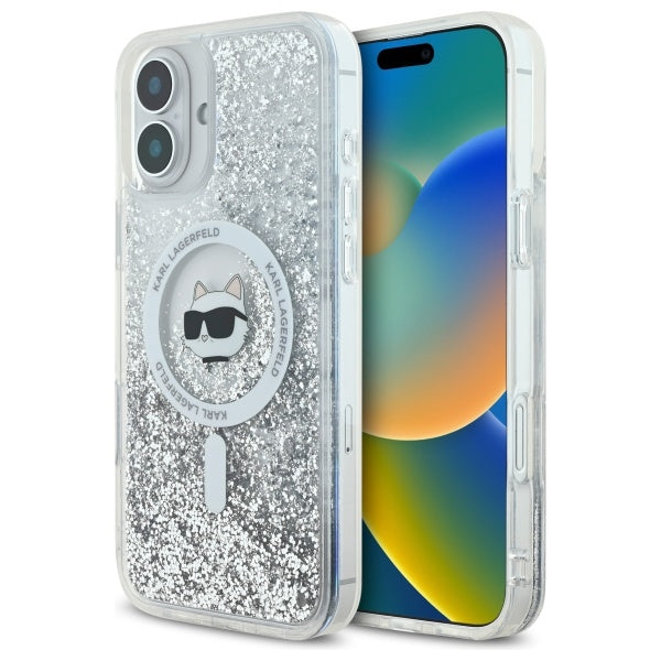 Pouzdro MagSafe pro Apple iPhone 16, Karl Lagerfeld, Glitter Liquid Choupette Head, Průhledné