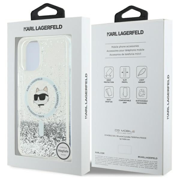 Pouzdro MagSafe pro Apple iPhone 16, Karl Lagerfeld, Glitter Liquid Choupette Head, Průhledné