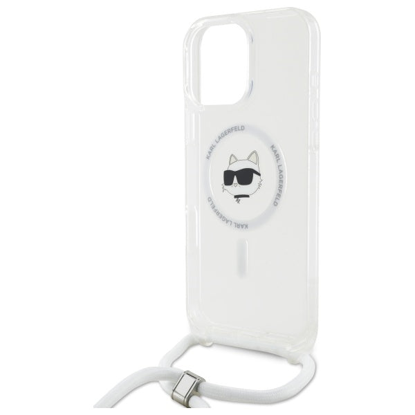 Pouzdro MagSafe pro Apple iPhone 16, Karl Lagerfeld, IML Crossbody Choupette's Head with Strap, Průhledné