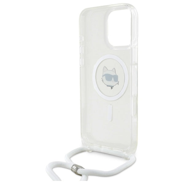 Pouzdro MagSafe pro Apple iPhone 16, Karl Lagerfeld, IML Crossbody Choupette's Head with Strap, Průhledné