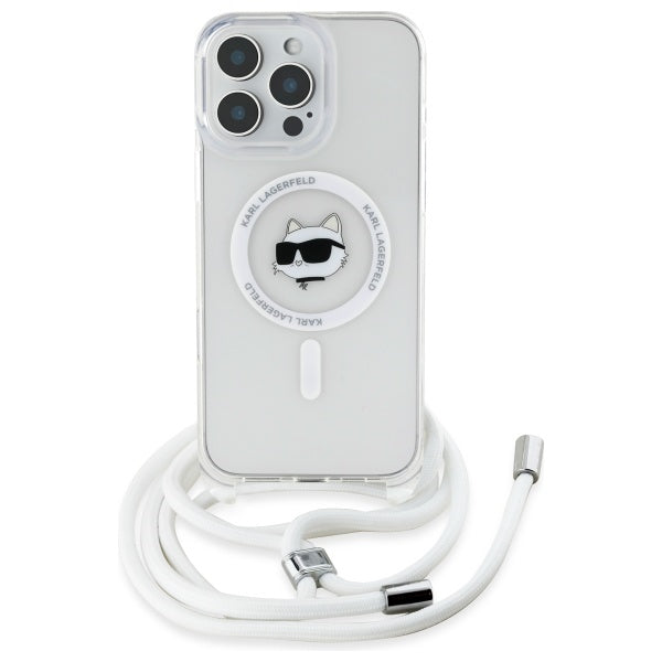 Pouzdro MagSafe pro Apple iPhone 16, Karl Lagerfeld, IML Crossbody Choupette's Head with Strap, Průhledné