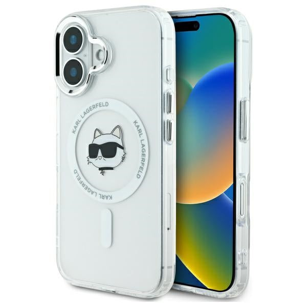 Pouzdro MagSafe pro Apple iPhone 16, Karl Lagerfeld, IML Metal Choupette's Head, Bílá