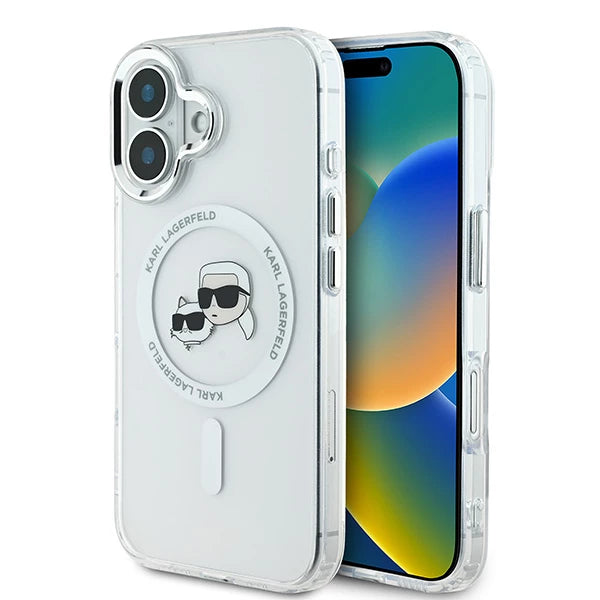 Pouzdro MagSafe pro Apple iPhone 16, Karl Lagerfeld, IML Metal Karl & Choupette's Heads, Bílá