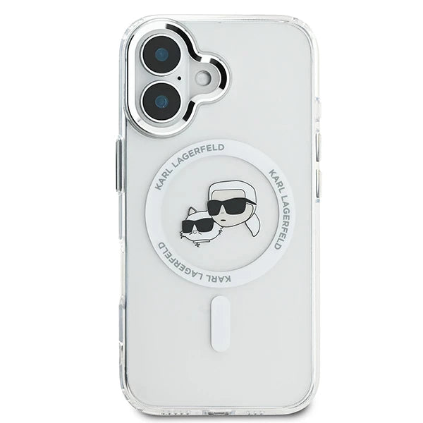 Pouzdro MagSafe pro Apple iPhone 16, Karl Lagerfeld, IML Metal Karl & Choupette's Heads, Bílá