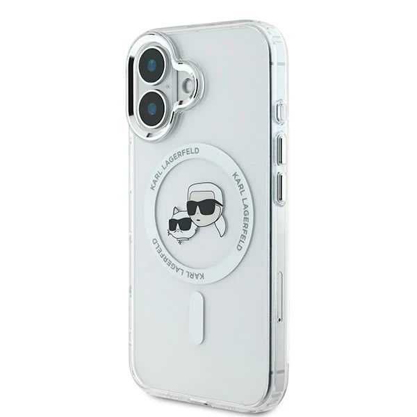 Pouzdro MagSafe pro Apple iPhone 16, Karl Lagerfeld, IML Metal Karl & Choupette's Heads, Bílá