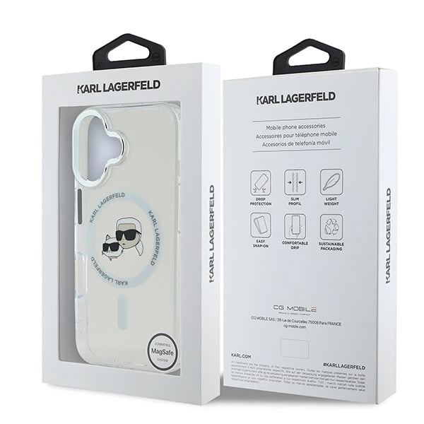 Pouzdro MagSafe pro Apple iPhone 16, Karl Lagerfeld, IML Metal Karl & Choupette's Heads, Bílá