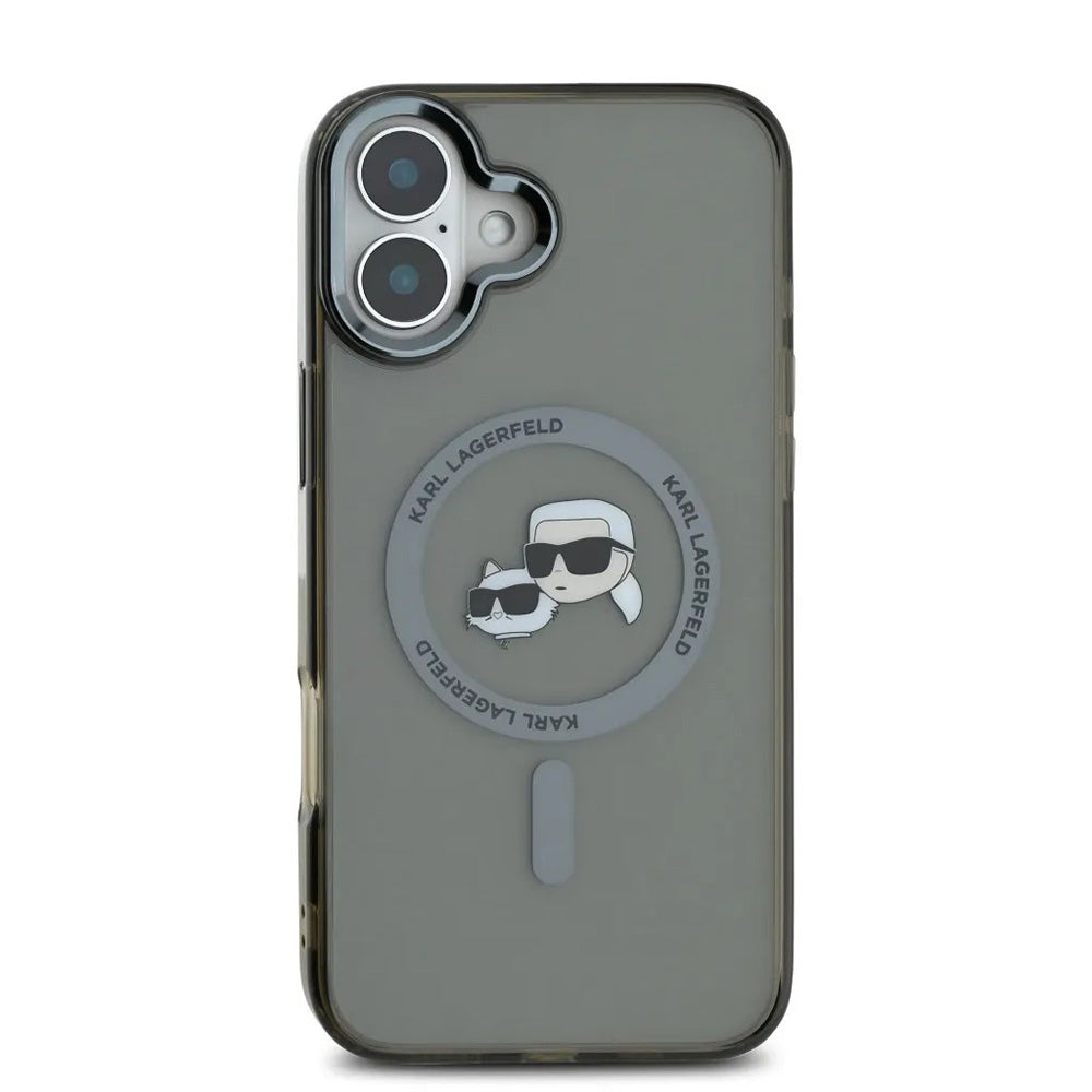 Pouzdro MagSafe pro Apple iPhone 16, Karl Lagerfeld, IML Metal Karl & Choupette's Heads, Černá