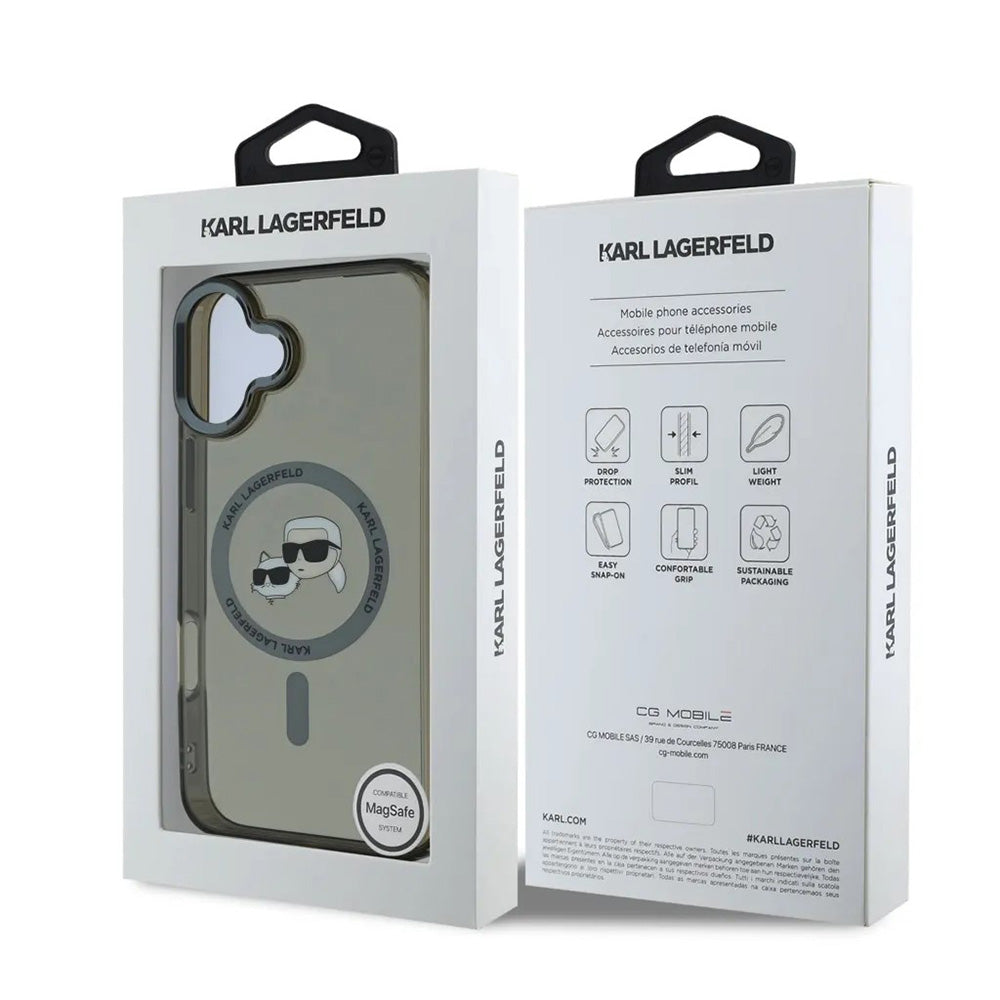 Pouzdro MagSafe pro Apple iPhone 16, Karl Lagerfeld, IML Metal Karl & Choupette's Heads, Černá