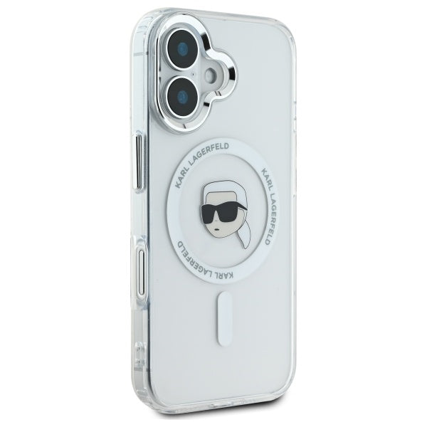 Pouzdro MagSafe pro Apple iPhone 16, Karl Lagerfeld, IML Metal Karl's Head, Bílá