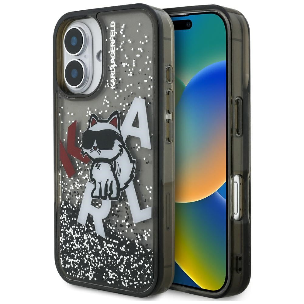 Pouzdro MagSafe pro Apple iPhone 16, Karl Lagerfeld, Liquid Glitter Choupette Logo, Černá