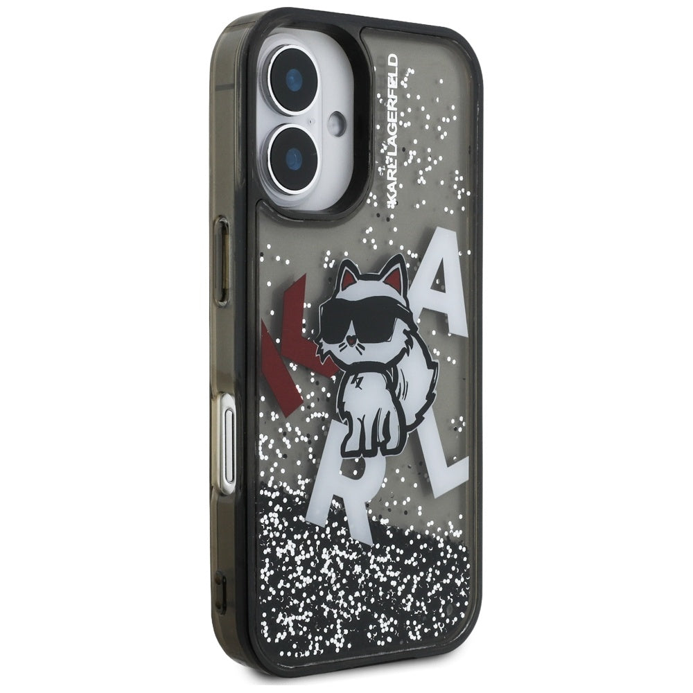 Pouzdro MagSafe pro Apple iPhone 16, Karl Lagerfeld, Liquid Glitter Choupette Logo, Černá